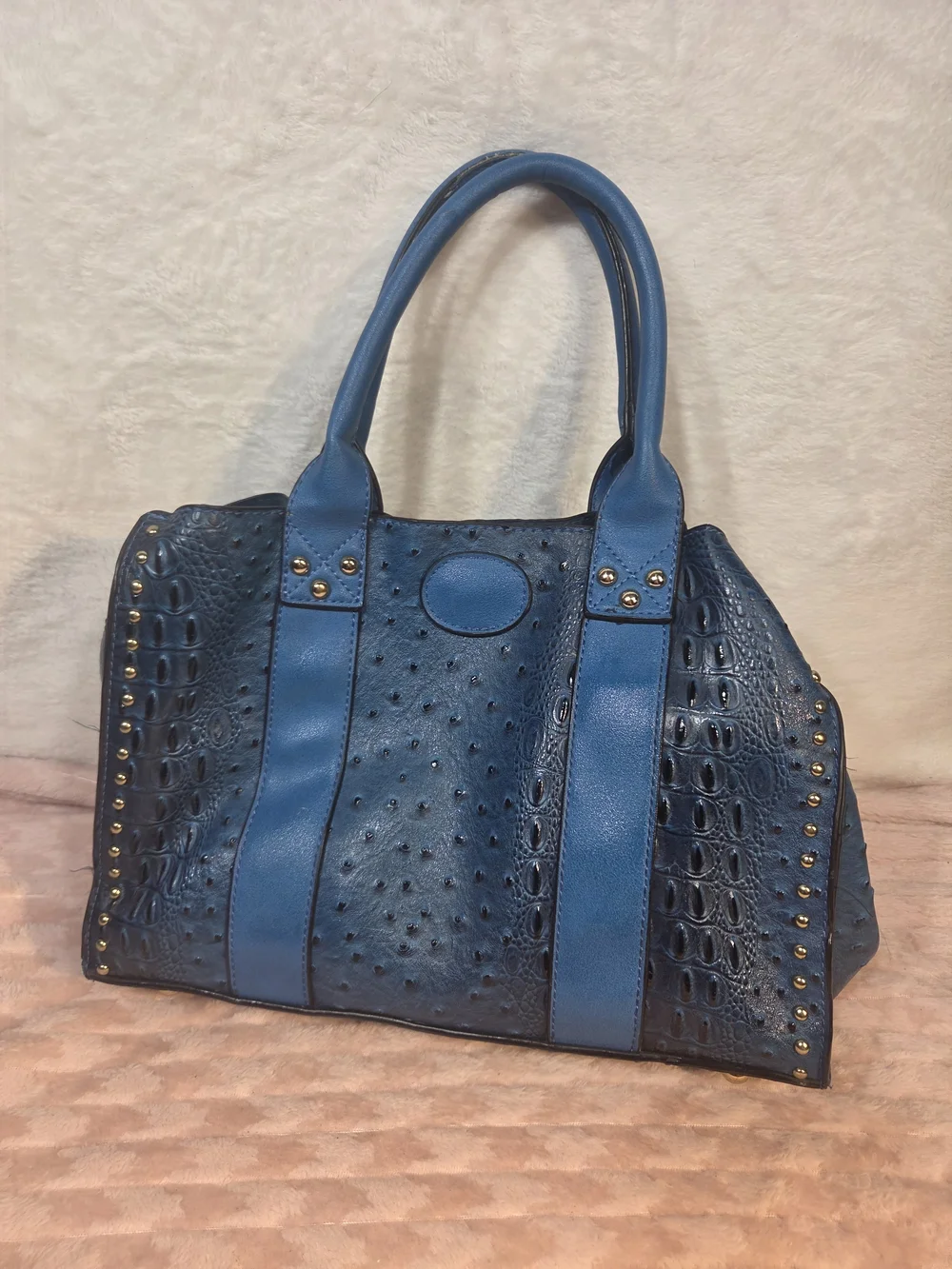 Blue Textured Tote Handbag with Stud Accents